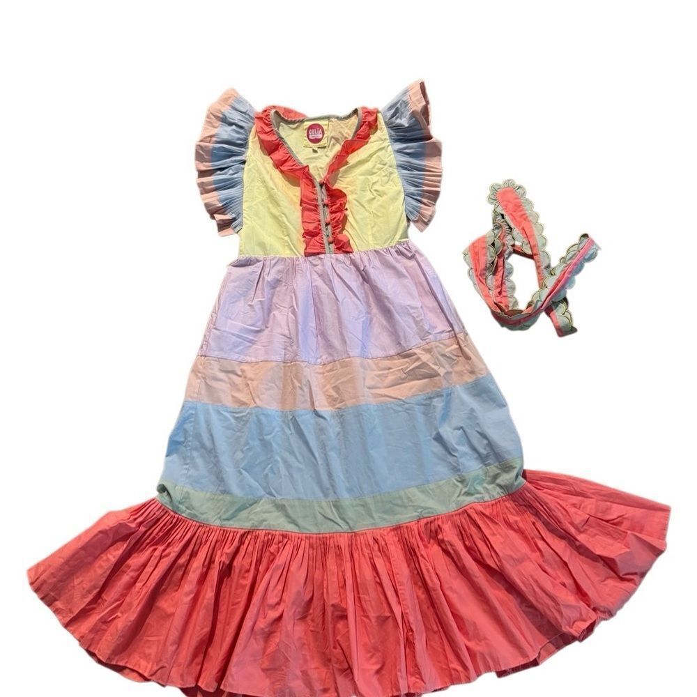 Celia B Marcellene Ruffled Pleated Scalloped Embroidered Midi Dress *Flaw Large - Picture 5 of 16